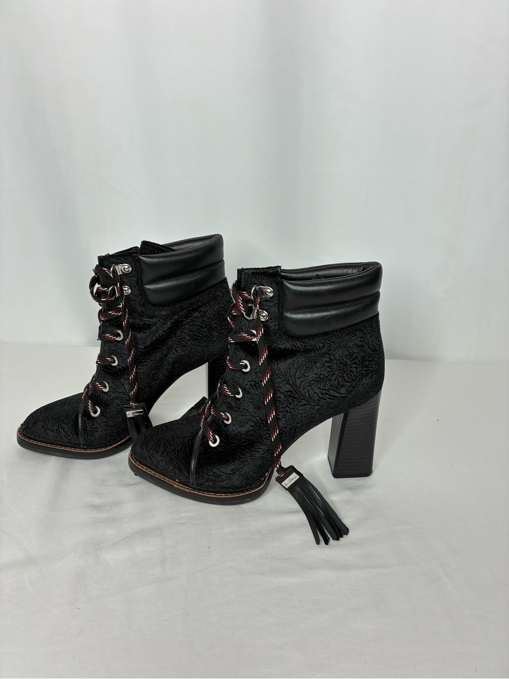 Sam Edelman Black Embossed Velvet Floral Lace Up Block Heel Ankle Boots Tassel 8